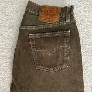 Green men’s Levi's 501s button fly, lightly distressed
